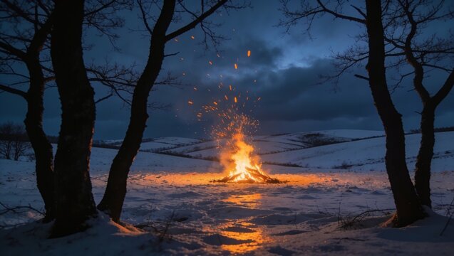 winter, campfire, burning, snow, night, forest, bonfire, sparks, landscape, outdoor