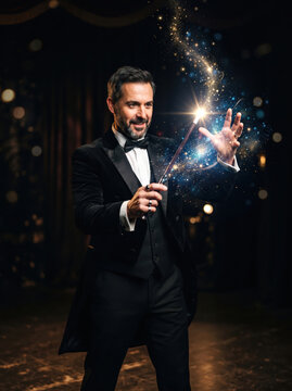 Professional magician holding glowing wizard magic wand in dark room