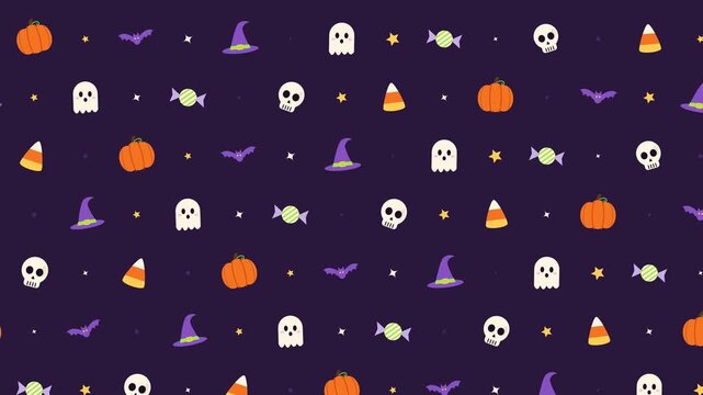 Seamless loop Halloween pattern with cute pumpkins, ghosts, bats and candy on dark purple, flat vector animation