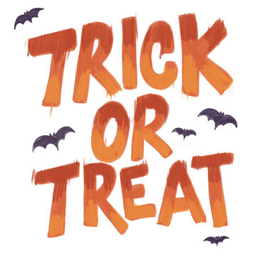 Expressive hand drawn Trick or Treat lettering in a bold orange and purple Halloween design. The irregular letter shapes and intentionally rough, grainy brush strokes deliver a casual pencil-sketch 