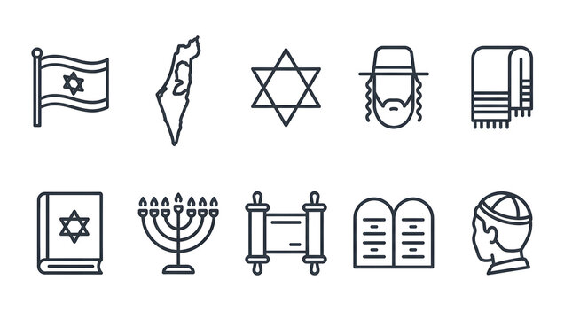 Jewish culture icons featuring flag star menorah and prayer book for