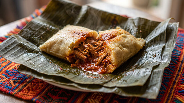Freshly steamed traditional Mexican tamale wrapped inside vibrant green banana leaves showcasing savory pulled pork