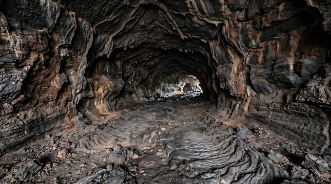 Dark volcanic basalt cave interior with textured rock walls lava formation design underground