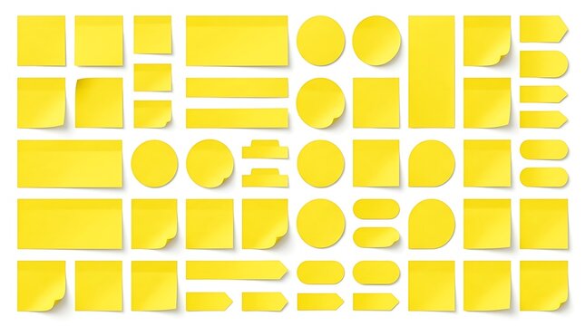 Set of yellow sticky notes of different shapes and sizes isolated on a white background