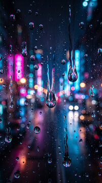Glowing neon city lights reflecting beautifully through vibrant water droplets dripping down rainy glass window
