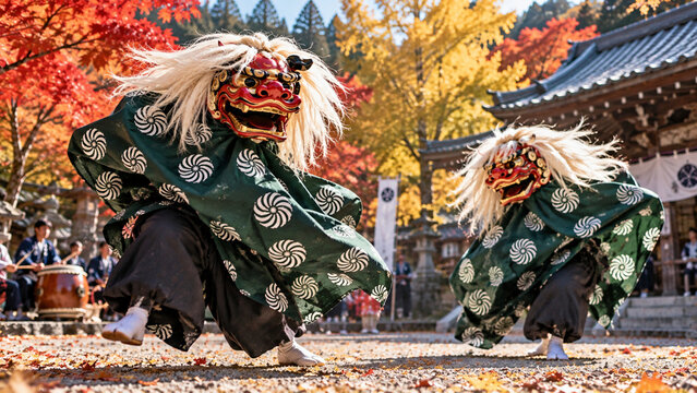 Traditional Japanese Shishimai Lion Dance Performance Surrounded by Colorful Autumn Leaves