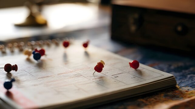 A close up of a calendar with colorful pushpins marking important dates  resting on a map with warm ambient lighting