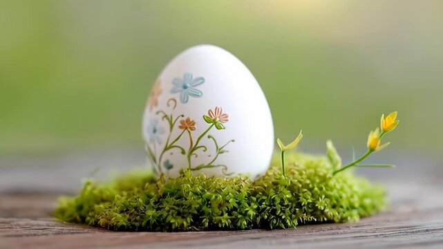 Decorative easter egg with floral patterns on mossy surface in springtime setting