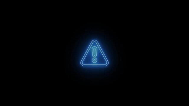 Neon glowing warning sign animation, blue exclamation mark in triangle symbol for digital alerts and security notifications