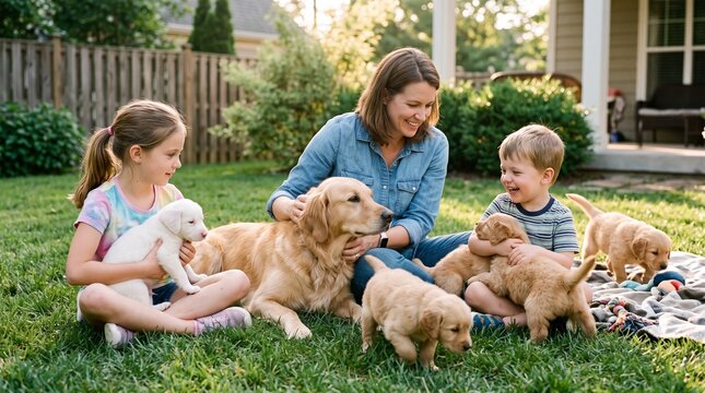Mother and two children sitting on backyard grass playing and cuddling with Golden Retriever mother and puppies