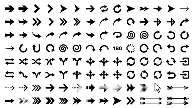 Set of black arrows icons collection showing different directions and curved paths on white background