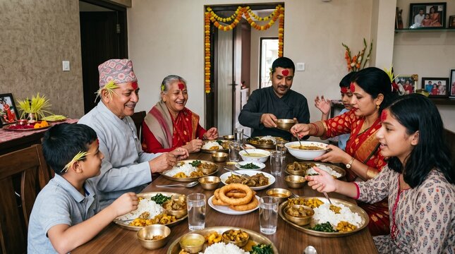 Nepalese extended family celebrating Dashain festival, sharing traditional meal and tika blessing at home