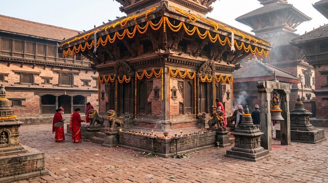 Ancient pagoda temple in Nepal decorated with marigold garlands during traditional festival with devotees