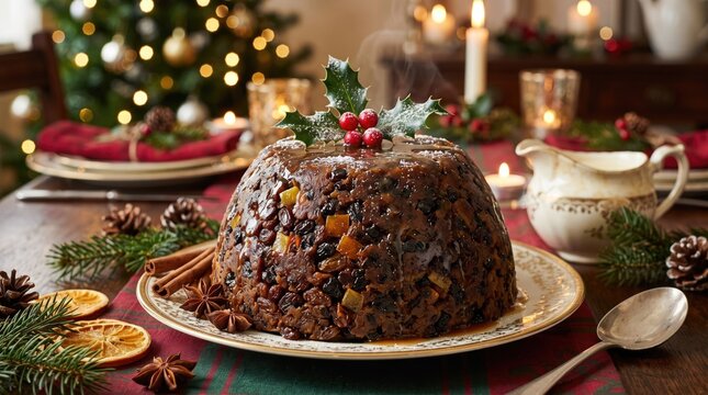 festive Christmas pudding rich with dried fruits, candied peel, and spices, placed on a beautifully decorated holiday table. Symbolizes tradition, celebration, and seasonal warmth.