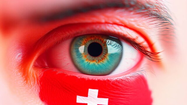 Extreme macro photorealistic footage of a fictional adult male eye with Switzerland face paint and deep teal-blue iris
