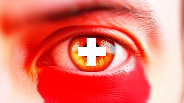 Extreme macro photorealistic footage of a fictional adult male eye with Switzerland face paint and warm amber-gold iris
