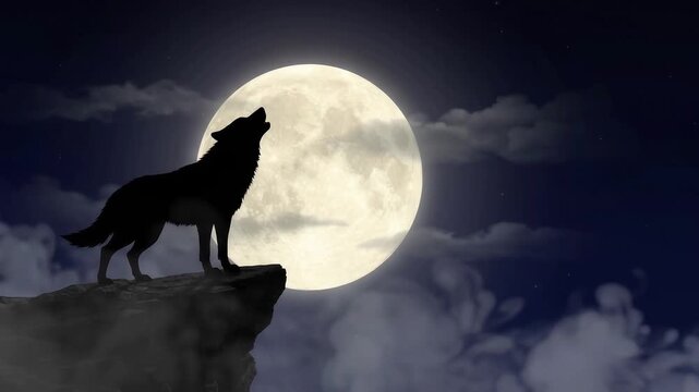 Spooky Halloween night sky motion background featuring a black wolf silhouette howling at a glowing full moon with drifting smoke clouds and twinkling stars