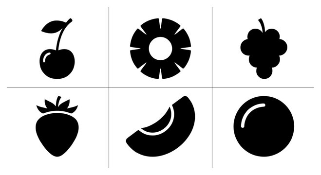Fruit silhouettes set with cherry, pineapple slice, grapes, strawberry, melon slice and ball for logo