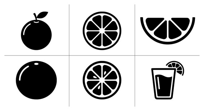 Citrus fruit silhouettes set with whole orange, slices and juice glass for food logos and signage