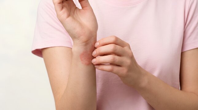Scratching Itchy Wrist Rash Close Up &ndash; Allergy Eczema Dermatitis Skincare Medical Healthcare Banner