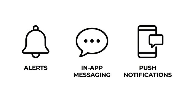 Minimalist black outline icons representing alerts messaging systems and push notification services for mobile applications and digital platforms
