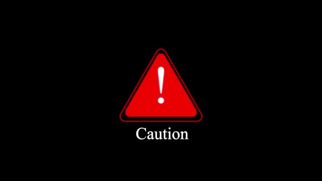 Caution warning sign animation, red triangle hazard alert symbol on black background