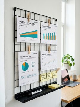 Modern Office Wall Grid Organizer with Business Performance Charts, Marketing ROI Reports, and Revenue Stream Data