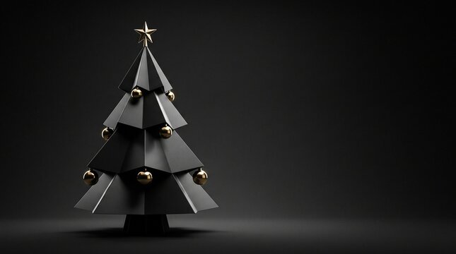 Minimalist Black Christmas Tree with Gold Ornaments &ndash; Modern Luxury Abstract Winter Holiday Banner