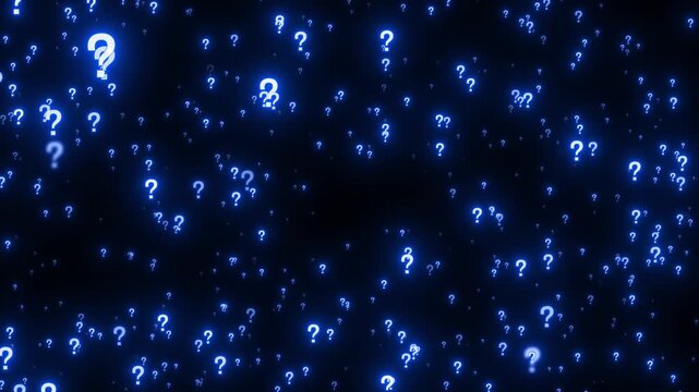 Abstract blue glowing question marks floating and moving dynamically on a dark background, symbolizing mystery, inquiry, and uncertainty in a digital space.