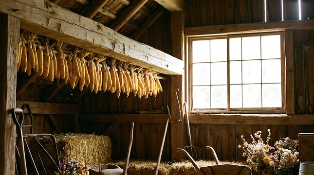 Rustic barn interior with corn hanging and hay