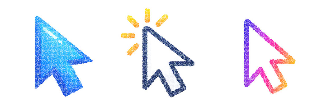 Cursor icons set with digital pixelated texture in blue, gray and gradient colors for web design.