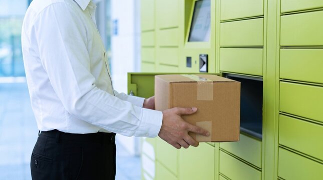 Man Picking Up Package from Automated Smart Locker &ndash; E-Commerce Shipping Logistics Niche Banner