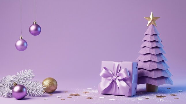 Purple Origami Christmas Tree with Gift Box &ndash; Modern Aesthetic Lavender Winter Holiday Banner