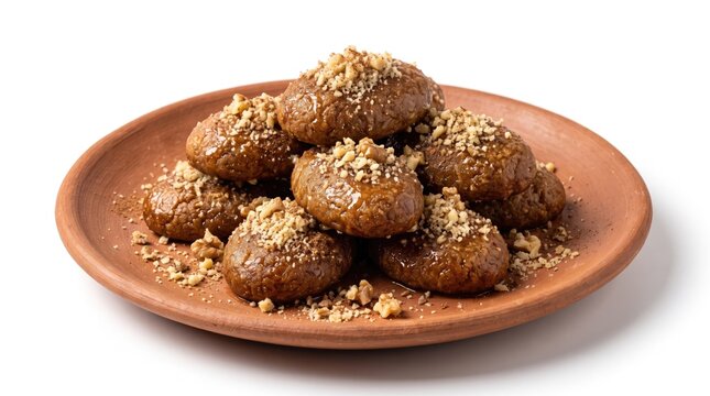 Traditional Greek melomakarona honey cookies topped with crushed walnuts, arranged on a rustic clay plate isolated on white background