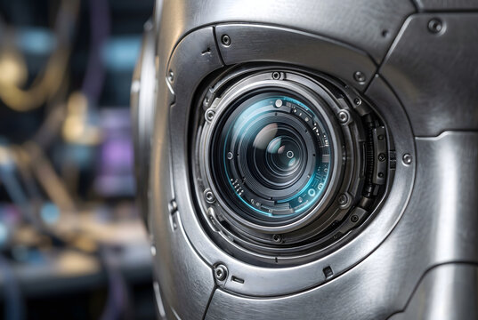 A close-up of a futuristic robotic eye or glowing mechanical camera lens with intricate, high-tech metallic details