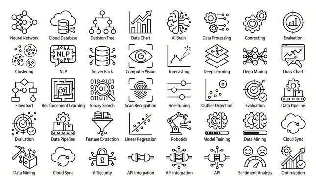 Set of machine learning and data science icons showing neural network