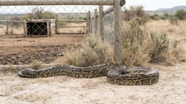 Large python resting on sandy ground beside a wire fence in a dry enclosure habitat