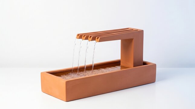 Terracotta Tabletop Water Fountain Close Up &ndash; Minimalist Japandi Home Decor Zen Wellness Banner