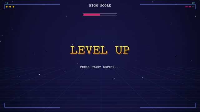 Retro Arcade Video Game Level Up Screen Animation with Blue Space Background, Grid Lines, Star Particles, and High Score Progress Bar Indicator.