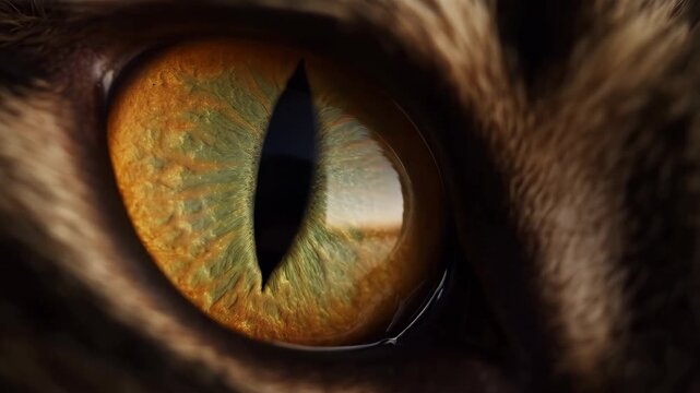 60 FPS Extreme macro cat eye with golden green iris and vertical slit pupil subtle gaze shift