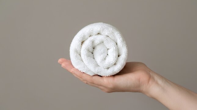 Hand Holding Rolled White Fluffy Towel Close Up &ndash; Minimalist Luxury Spa Body Care Concept Banner