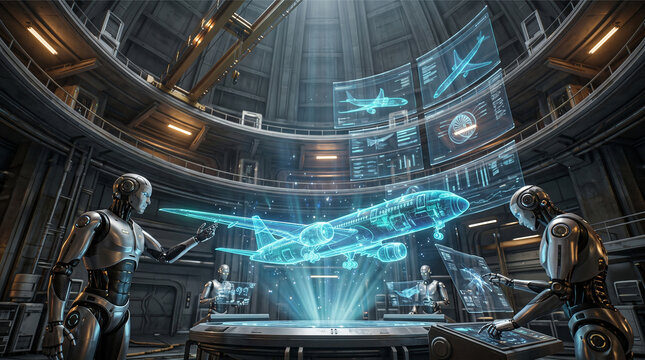 Group of futuristic humanoid robots collaborating in a high-tech round industrial facility, analyzing glowing holographic projections of a passenger airplane and data screens