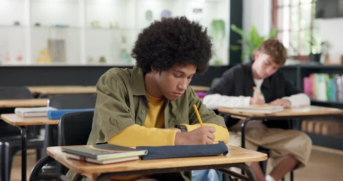 Education, man and book in classroom with writing, tutorial lesson or study information for learning. Campus, student and notes at community college for exam preparation, homework essay and knowledge