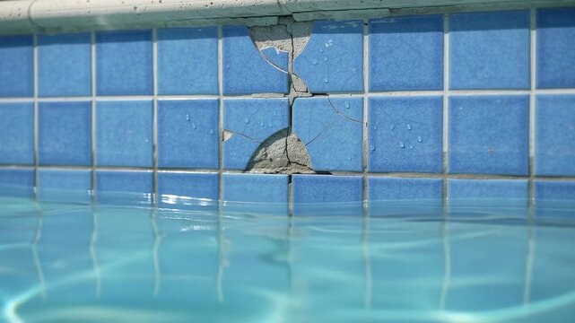 Cracked blue mosaic swimming pool tiles with deteriorating grout and sunlit caustic water reflections