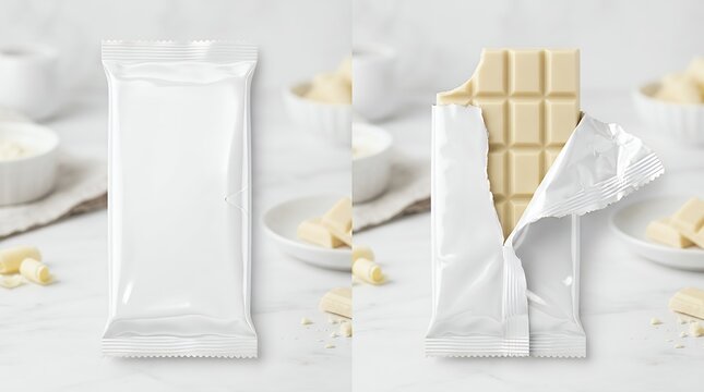 Blank White Chocolate Bar Plastic Wrap Mockup Featuring Closed and Opened Candy Packaging Template for Sweet Pastry Shop Confectionery Product Display product mockup chocolate bar plastic wrap candy