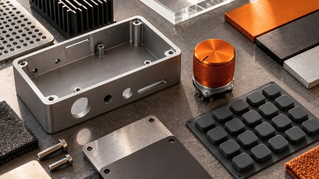 Industrial design sample board with matte orange anodized aluminum dial and blank silicone pads
