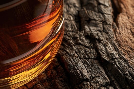Amber whiskey in thick glass beside charred oak wood closeup