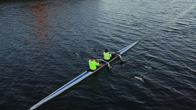 drone view of a rowing training session in Halifax, with women and men navigating single and two-person racing shells across the calm harbour waters as the sun rises.