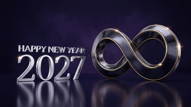 3d Happy new year 2027 abstract background design mew 2026 Happy new year 2027 metallic text with infinity symbol design illustration