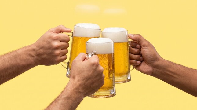 Hands Toasting Three Beer Mugs Close Up &ndash; Oktoberfest Hospitality Beverage Concept Mockup Banner